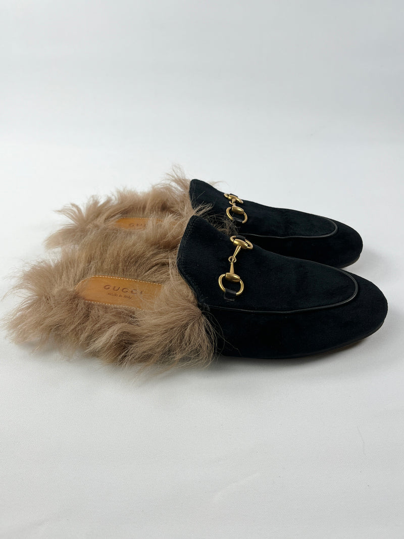 GUCCI - PRINCETOWN FUR-LINED BLACK VELVET SLIPPERS - SZ 37