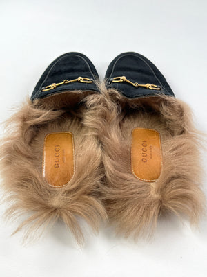 GUCCI - PRINCETOWN FUR-LINED BLACK VELVET SLIPPERS - SZ 37