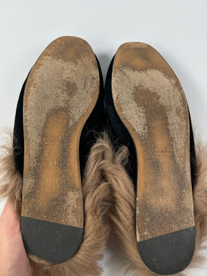 GUCCI PRINCETOWN FUR LINED BLACK VELVET SLIPPERS SZ 37 RE.LUXE AU