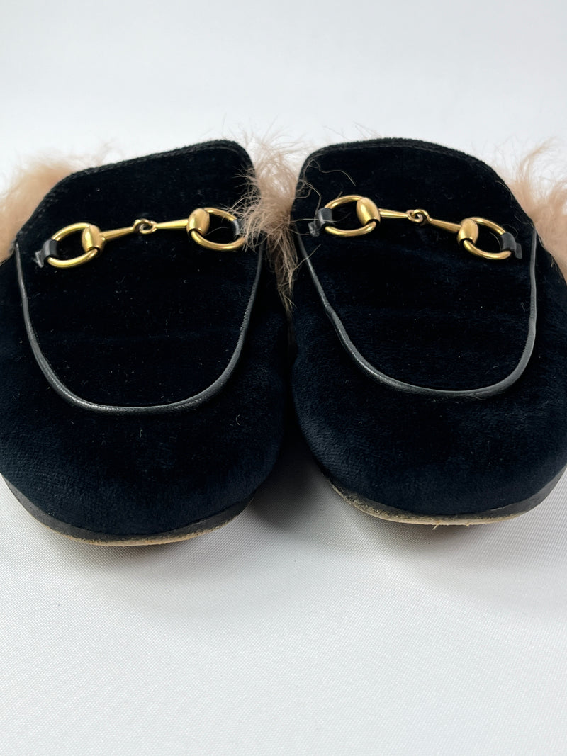 GUCCI - PRINCETOWN FUR-LINED BLACK VELVET SLIPPERS - SZ 37