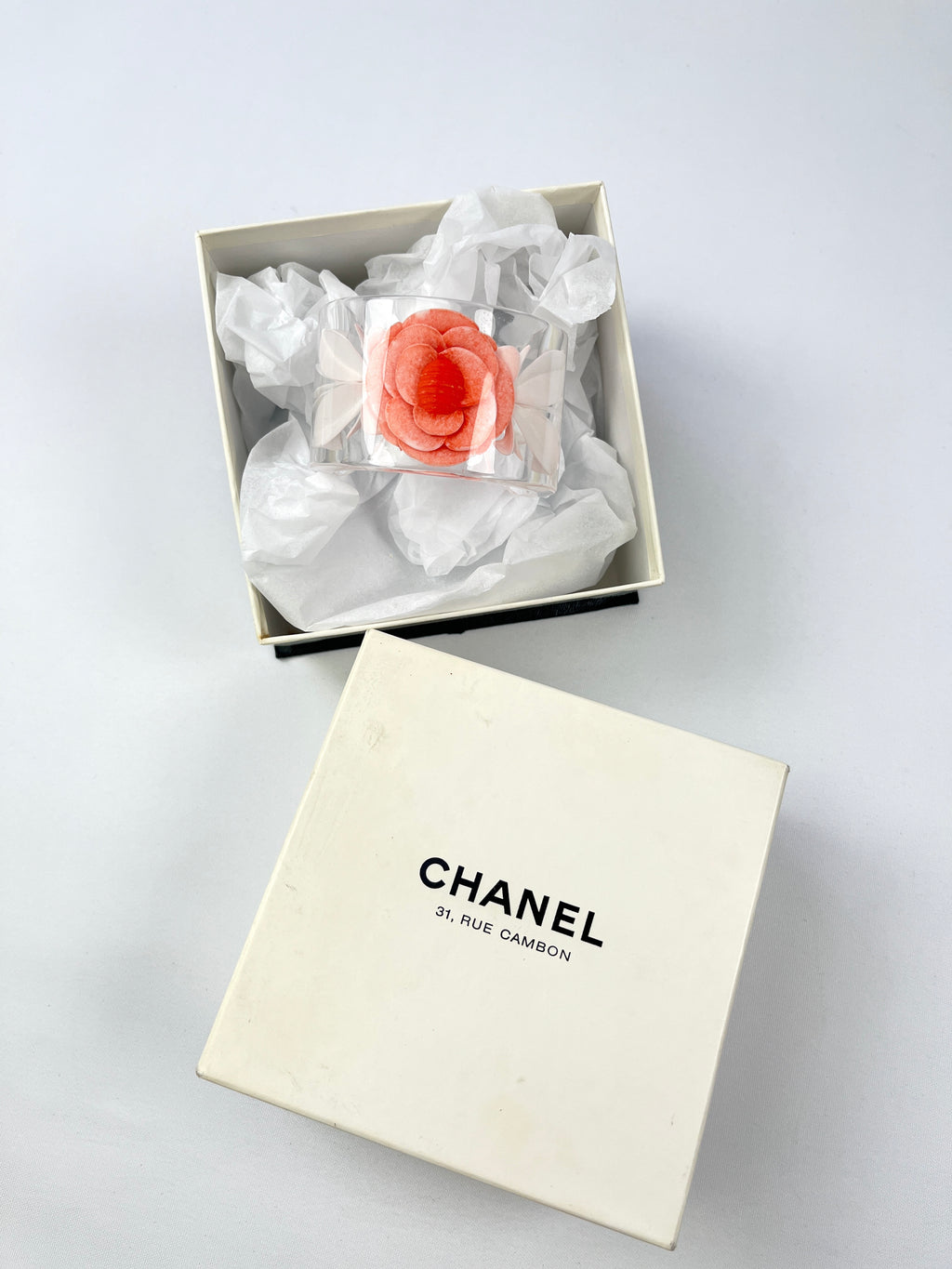 CHANEL - *RARE* ORANGE CAMELIA 3D INLAY LUCITE BANGLE CUFF