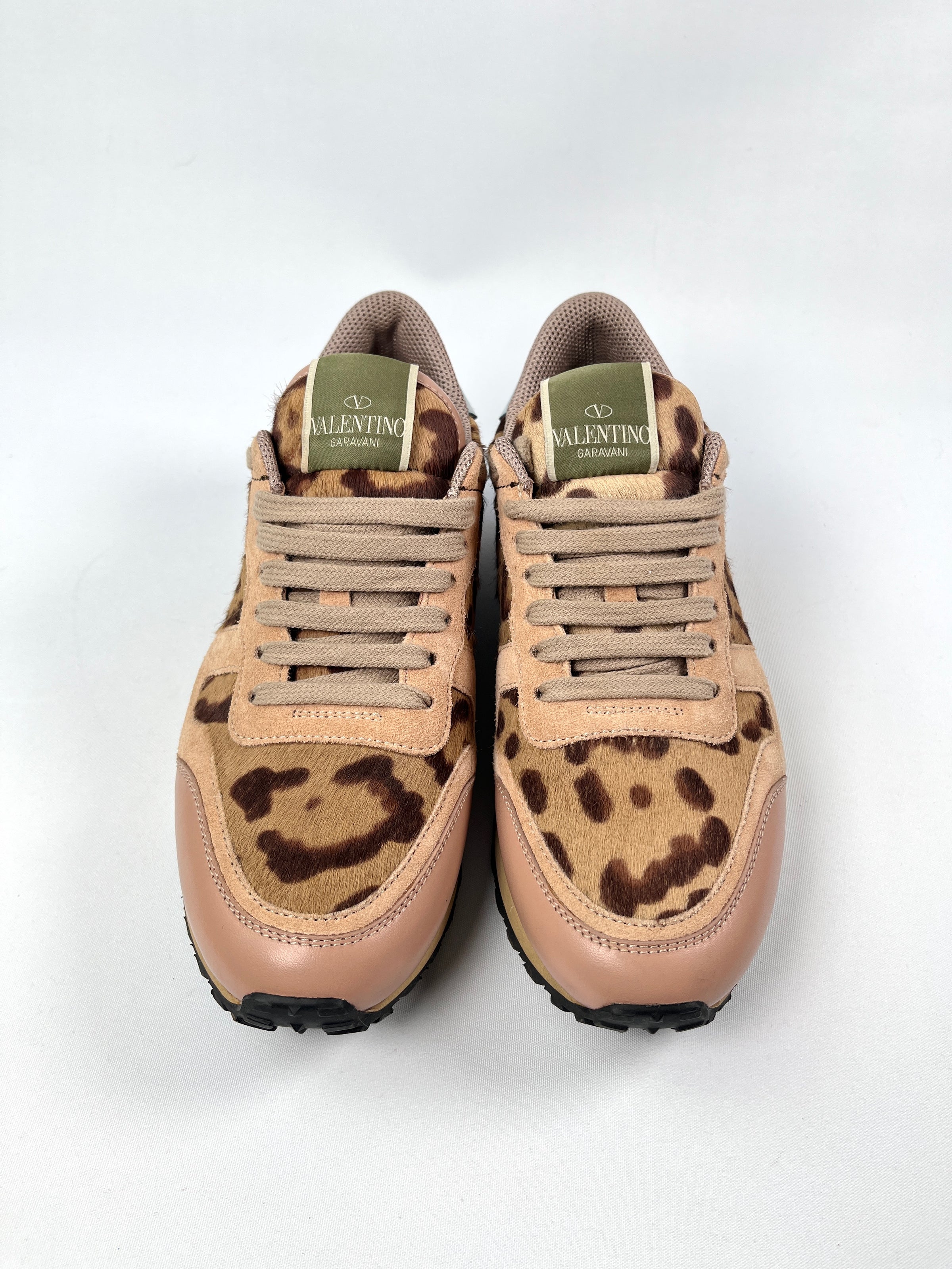 VALENTINO ROCKRUNNER ROCKSTUD LEOPARD PRINT SNEAKERS SZ 37