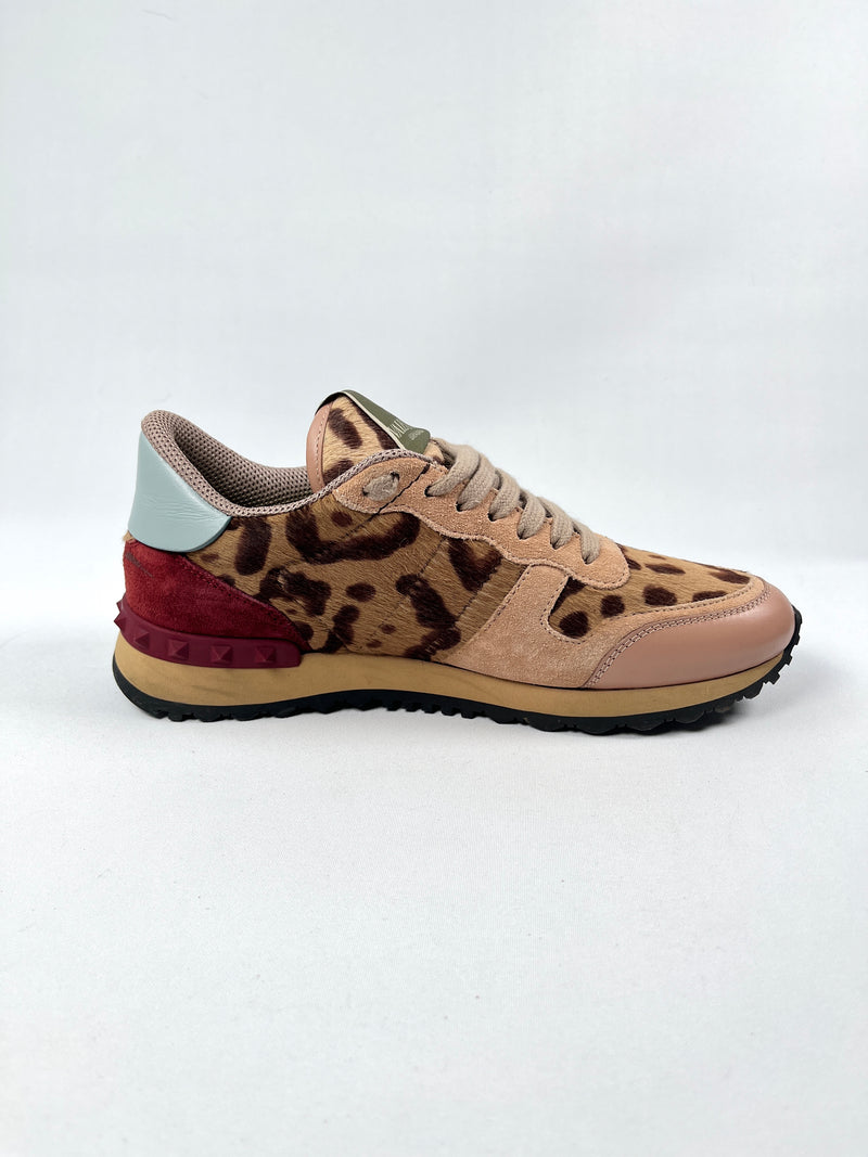 VALENTINO - ROCKRUNNER ROCKSTUD LEOPARD PRINT SNEAKERS - SZ 37