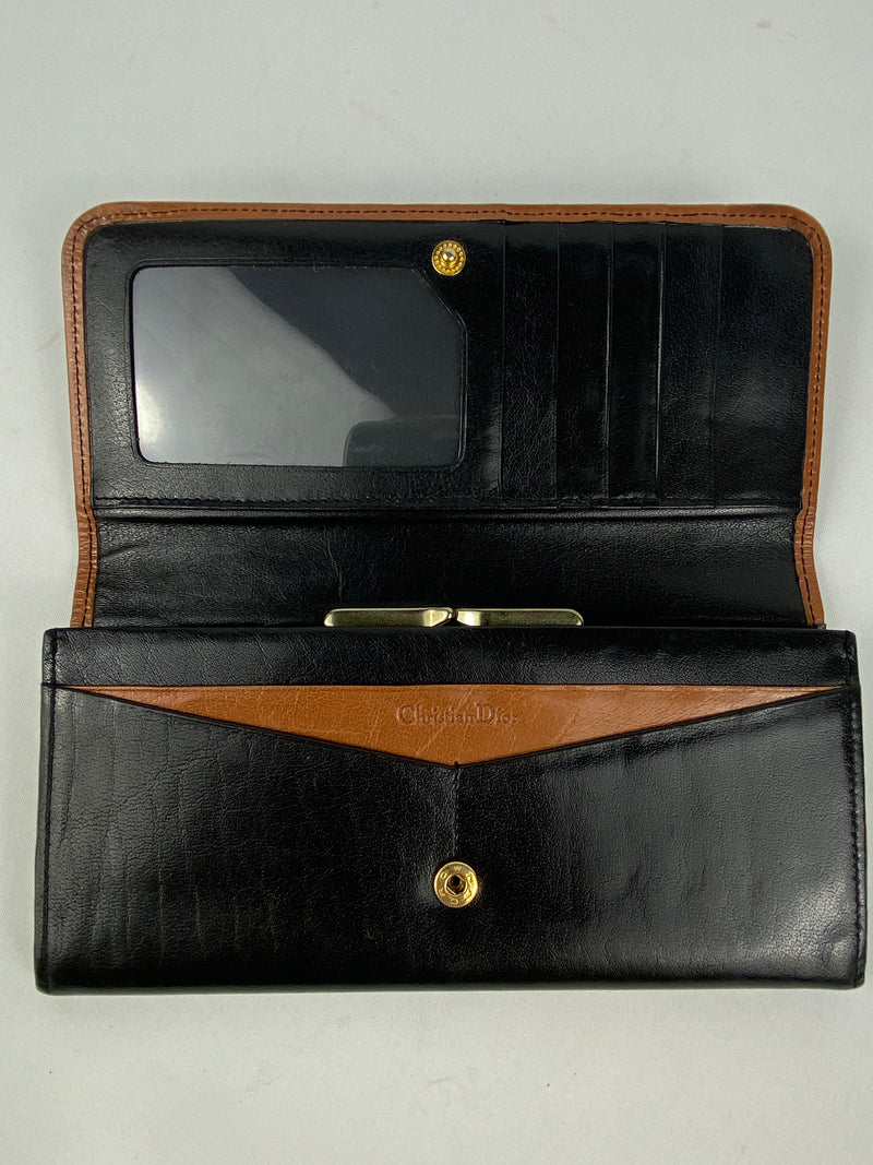 DIOR - BLACK TAN LEATHER KISS LOCK LONG WALLET