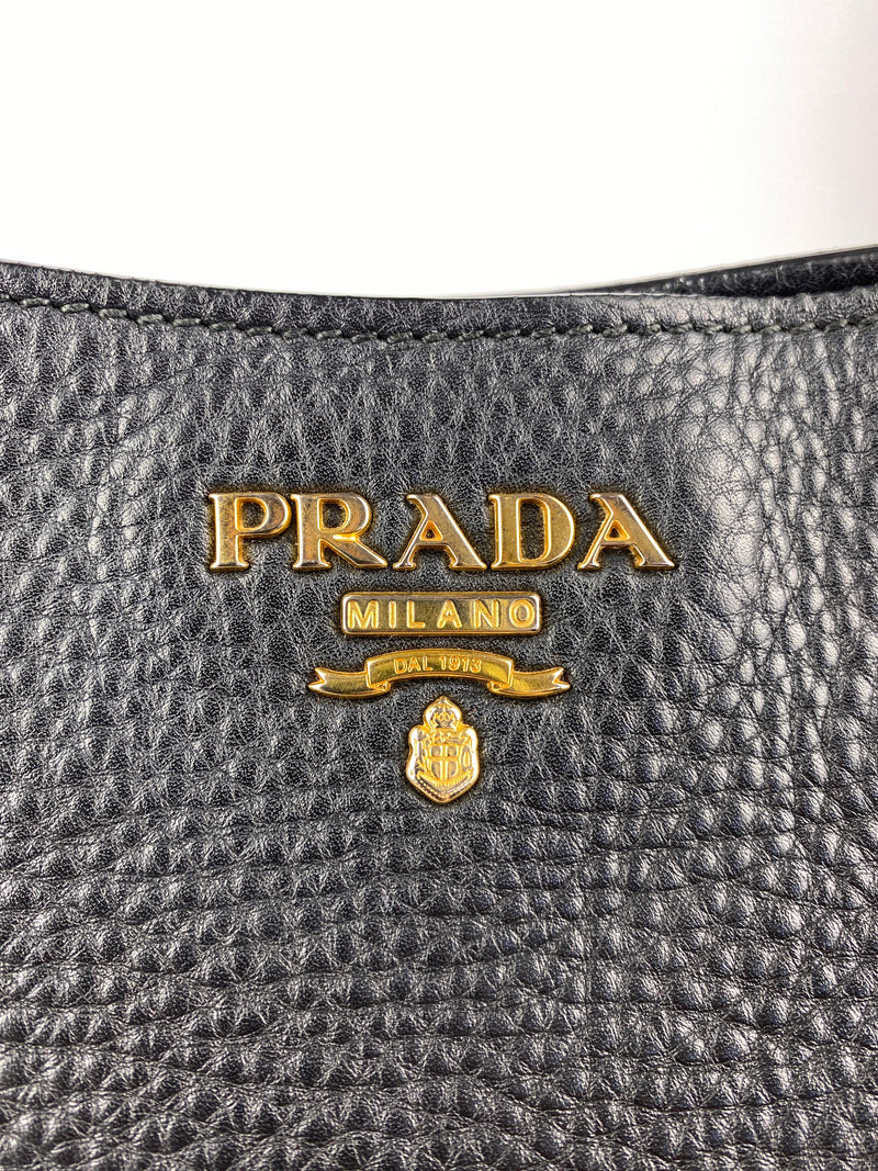 PRADA - BLACK VITELLO DAINO LEATHER SIDE-POCKET TOTE BAG