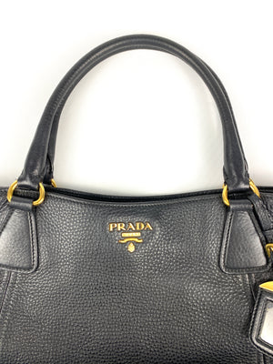 PRADA - BLACK VITELLO DAINO LEATHER SIDE-POCKET TOTE BAG