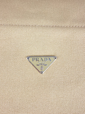 PRADA - BEIGE CANVAS LARGE TOTE ORANGE LEATHER TRIM