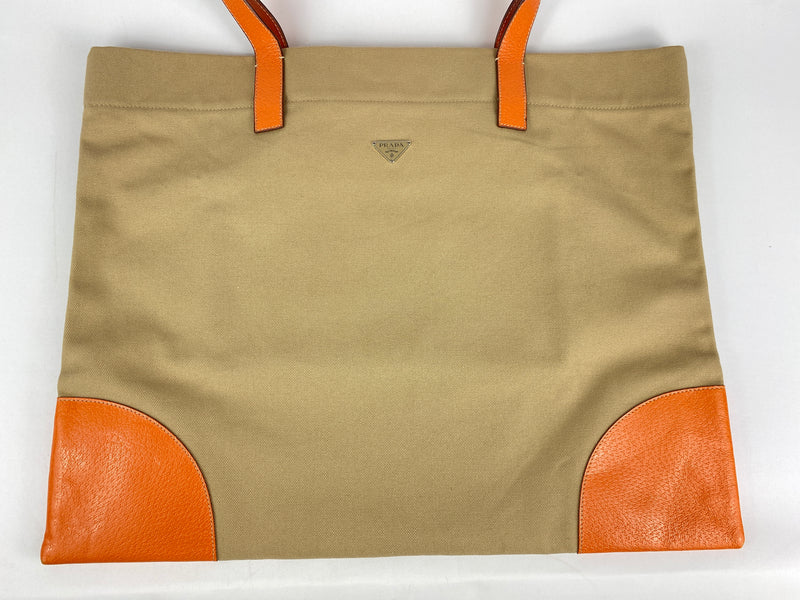 PRADA - BEIGE CANVAS LARGE TOTE ORANGE LEATHER TRIM