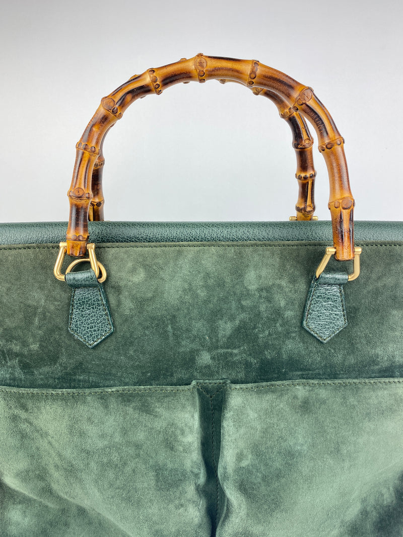 GUCCI - BAMBOO HANDLE 2 WAY BAG GREEN SUEDE LEATHER - VINTAGE