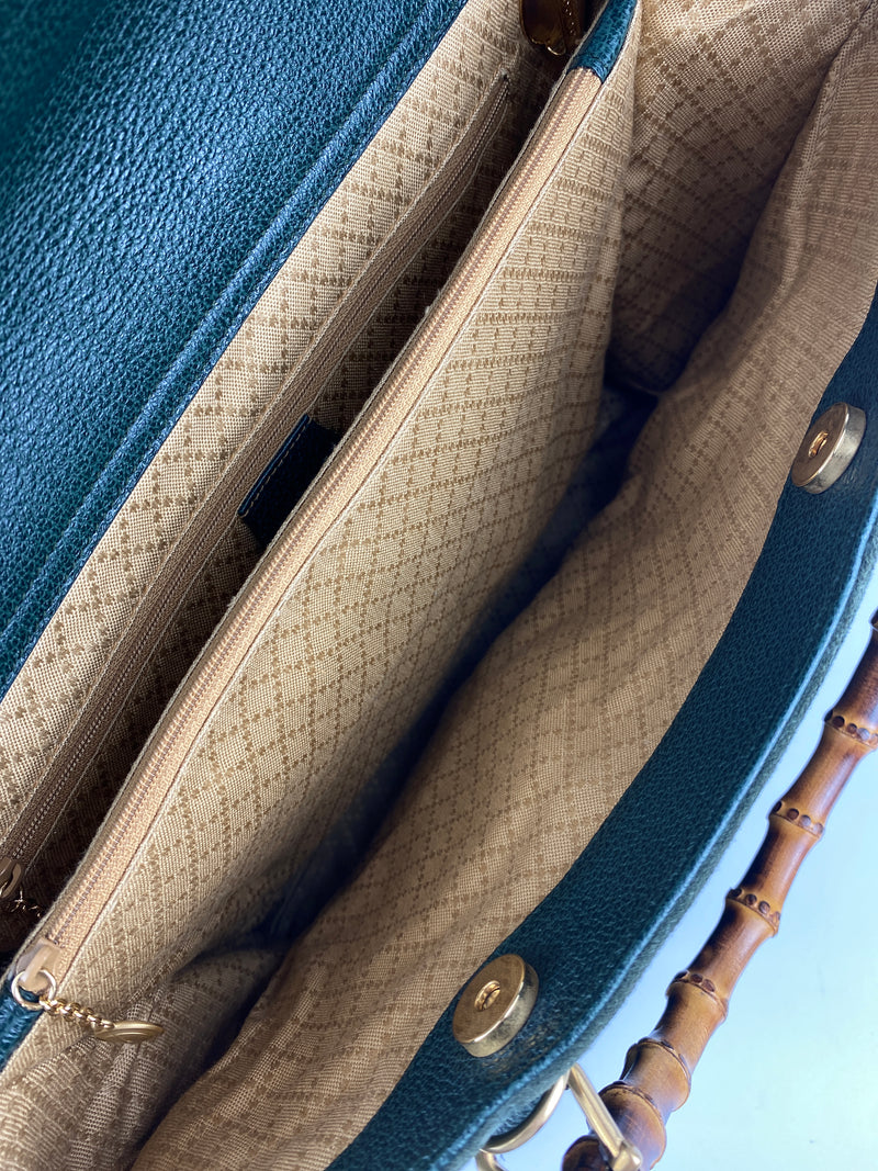 GUCCI - BAMBOO HANDLE 2 WAY BAG GREEN SUEDE LEATHER - VINTAGE