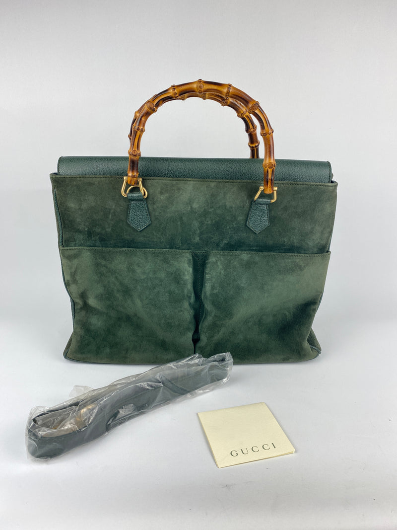 GUCCI - BAMBOO HANDLE 2 WAY BAG GREEN SUEDE LEATHER - VINTAGE