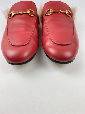 GUCCI - RED LEATHER FUR PRINCETOWN MULES - SZ 39.5