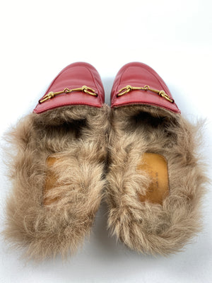 GUCCI RED LEATHER FUR PRINCETOWN MULES SZ 39.5 RE.LUXE AU