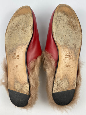 GUCCI - RED LEATHER FUR PRINCETOWN MULES - SZ 39.5