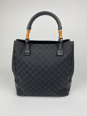 GUCCI - BLACK GG CANVAS BAMBOO HANDLE TOTE BAG