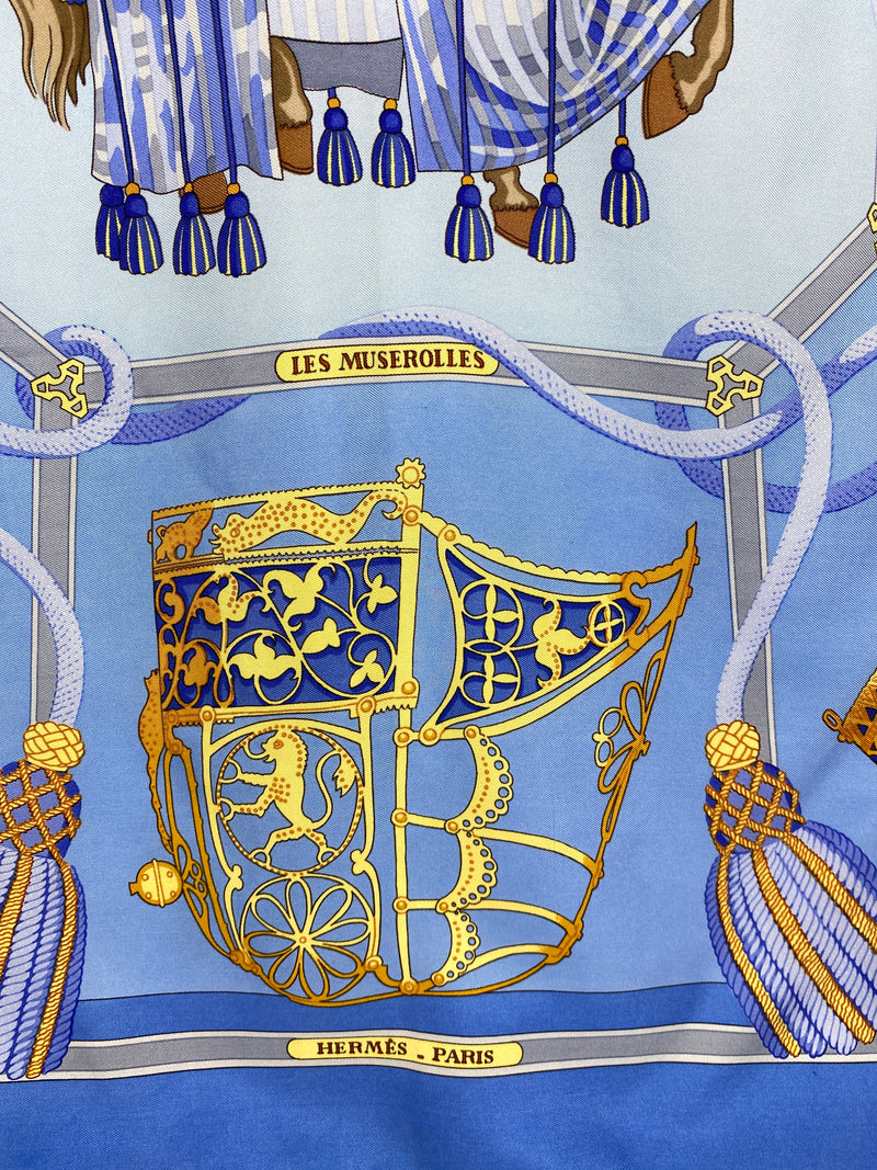 HERMES - "LES MUSEROLLES" BLUE SCARF 100% SILK