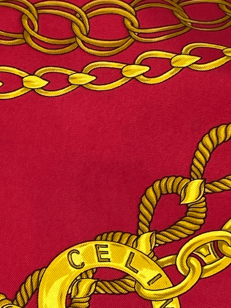 CELINE - 100% SILK CHAIN COIN DESIGN SCARF IN GOLD & RED