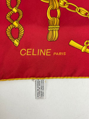 CELINE - 100% SILK CHAIN COIN DESIGN SCARF IN GOLD & RED