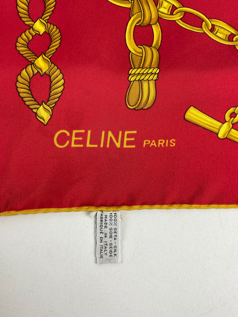 CELINE - 100% SILK CHAIN COIN DESIGN SCARF IN GOLD & RED