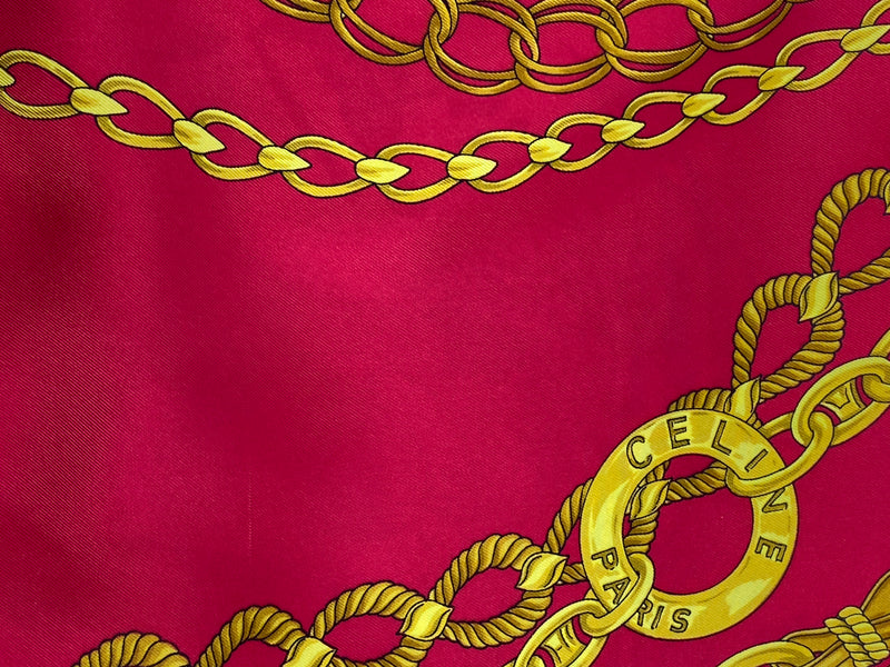 CELINE - 100% SILK CHAIN COIN DESIGN SCARF IN GOLD & RED