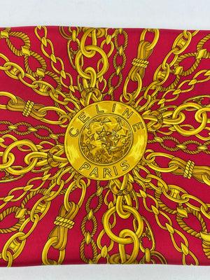 CELINE - 100% SILK CHAIN COIN DESIGN SCARF IN GOLD & RED