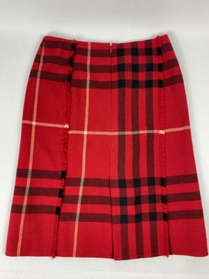 BURBERRY - RED WOOLLEN CHECK PENCIL SKIRT SZ 40 / 8 AUS