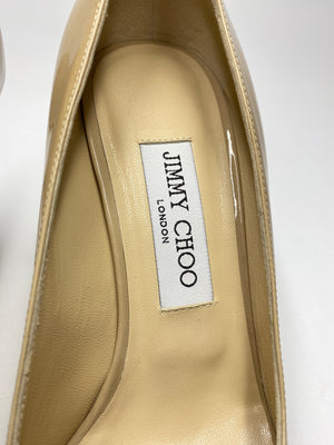 JIMMY CHOO - LUNA NUDE PATENT LEATHER PEEP TOE PLATFORM PUMPS  - SZ 38 - NEW IN BOX