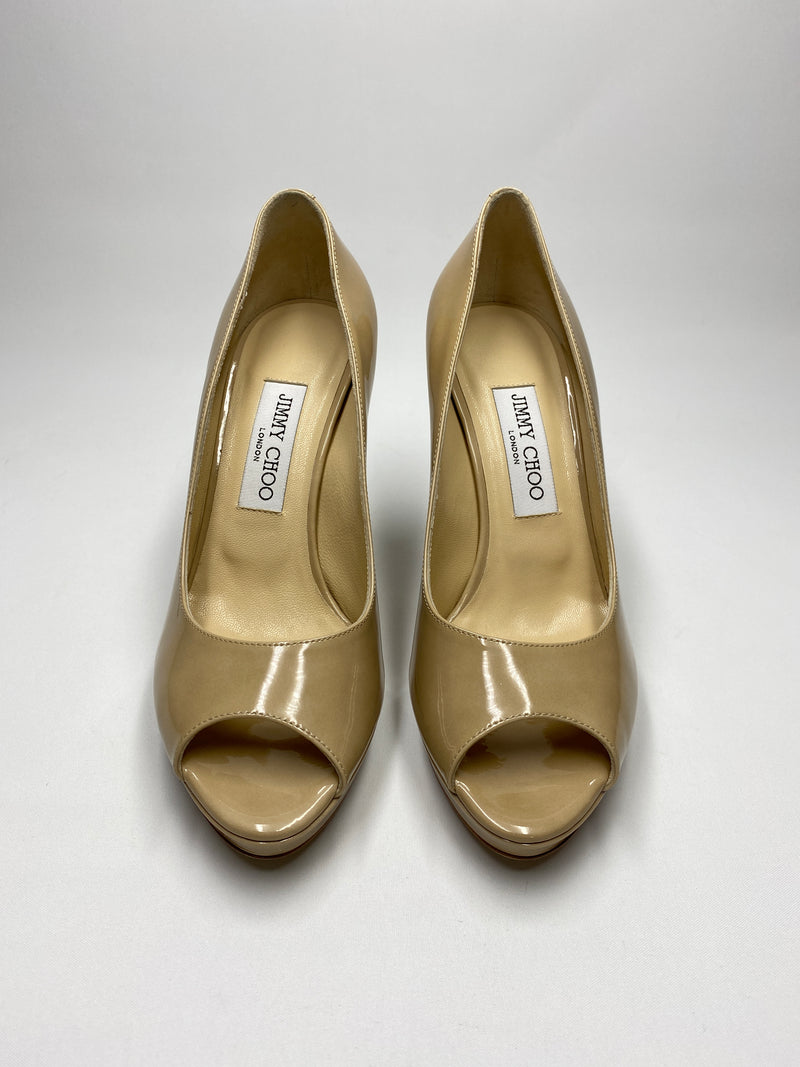 JIMMY CHOO - LUNA NUDE PATENT LEATHER PEEP TOE PLATFORM PUMPS  - SZ 38 - NEW IN BOX