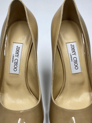 JIMMY CHOO - LUNA NUDE PATENT LEATHER PEEP TOE PLATFORM PUMPS  - SZ 38 - NEW IN BOX