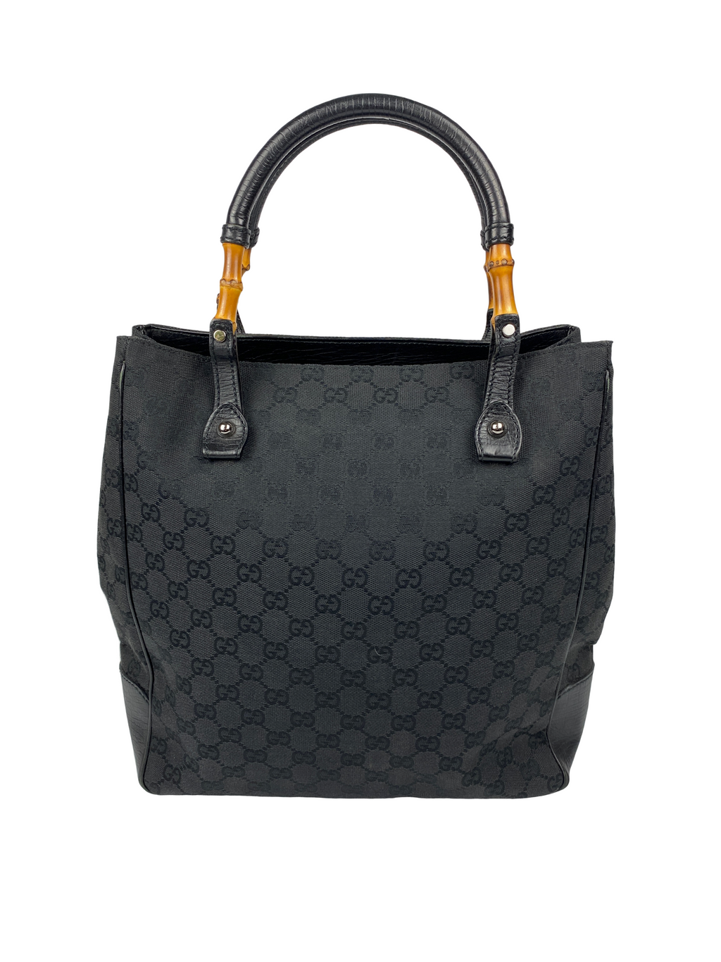 GUCCI - BLACK GG CANVAS BAMBOO HANDLE TOTE BAG