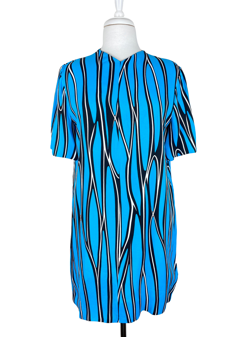 MARNI - PRINT SHIFT DRESS IN BLUE, WHITE & BLACK - SZ 40 / 8 AUS